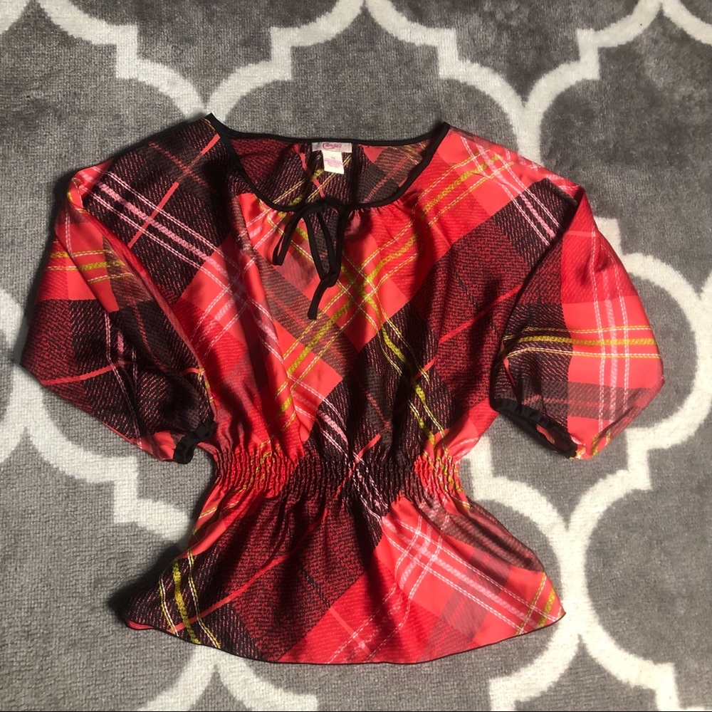 Candies Blouse Womens Medium Tie Keyhole Cinch Waist Red Top